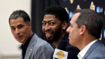EL SEGUNDO, CA - JULY 13: Anthony Davis (C) is introduced as the newest player of the Los Angeles Lakers during a press conference with general manager Rob Pelinka (L) and head coach Frank Vogel (R) at UCLA Health Training Center on July 13, 2019 in El Segundo, California. NOTE TO USER: User expressly acknowledges and agrees that, by downloading and/or using this Photograph, user is consenting to the terms and conditions of the Getty Images License Agreement. (Photo by Kevork Djansezian/Getty Images)