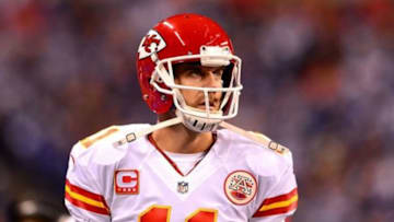 Jan 4, 2014; Indianapolis, IN, USA; Kansas City Chiefs quarterback Alex Smith (11) during the 2013 AFC wild card playoff football game against the Indianapolis Colts at Lucas Oil Stadium. Mandatory Credit: Andrew Weber-USA TODAY Sports