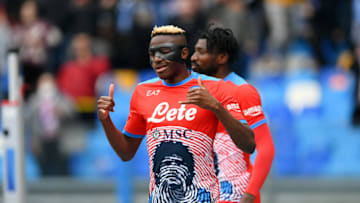NAPLES, ITALY - MARCH 19: Victor Osimhen of SSC Napoli celebrates after scoring their team's second goal during the Serie A match between SSC Napoli and Udinese Calcio at Stadio Diego Armando Maradona on March 19, 2022 in Naples, Italy. (Photo by Francesco Pecoraro/Getty Images)