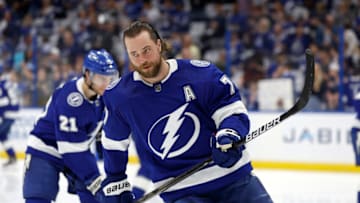 TAMPA, FLORIDA - APRIL 22: Victor Hedman #77 of the Tampa Bay Lightning warms up during Game Three of the First Round of the 2023 Stanley Cup Playoffs against the Toronto Maple Leafs at Amalie Arena on April 22, 2023 in Tampa, Florida. (Photo by Mike Ehrmann/Getty Images)