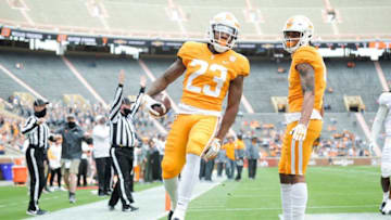 Tennessee running back Jaylen Wright (23) scores a touchdown at the Orange & White spring game at Neyland Stadium in Knoxville, Tenn. on Saturday, April 24, 2021.Kns Vols Spring Game