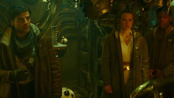 Oscar Isaac is Poe Dameron, Daisy Ridley is Rey and Anthony Daniels is C-3PO in STAR WARS: THE RISE OF SKYWALKER