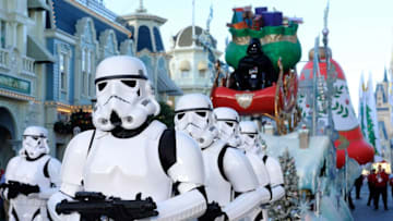 LAKE BUENA VISTA, FL - DECEMBER 07: In this handout photo provided by Disney Parks, Storm Troopers and Darth Vader participate in the Disney Parks Christmas Day Parade television special at Magic Kingdom Park at the Walt Disney World Resort on December 07, 2013 in Lake Buena Vista, Florida. The parade will air on December 25t. (Photo by Mark Ashman/Disney Parks via Getty Images)