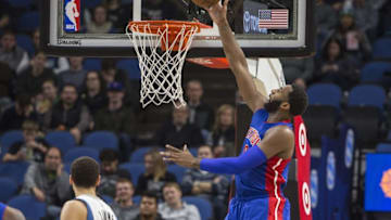 Dec 9, 2016; Minneapolis, MN, USA; Detroit Pistons center Andre Drummond (0) shoots the ball in the second half against the Minnesota Timberwolves at Target Center. The Pistons won 117-90. Mandatory Credit: Jesse Johnson-USA TODAY Sports