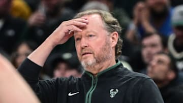 Apr 7, 2023; Milwaukee, Wisconsin, USA; Milwaukee Bucks head coach Mike Budenholzer reacts in the second quarter during game against the Memphis Grizzlies at Fiserv Forum. Mandatory Credit: Benny Sieu-USA TODAY Sports