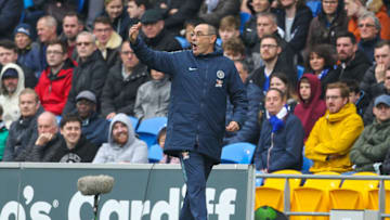 31st March 2019, Cardiff City Stadium, Cardiff, Wales; EPL Premier League football, Cardiff City versus Chelsea; Maurizio Sarri manager of Chelsea gestures to his players (photo by Paul Jenkins/Action Plus via Getty Images)