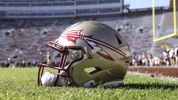 TALLAHASSEE, FL - DECEMBER 2: A general view of a Florida State Seminoles Helmet on the field before the game against the Louisiana Monroe Warhawks at Doak Campbell Stadium on Bobby Bowden Field on December 2, 2017 in Tallahassee, Florida. Florida State defeated Louisiana Monroe 42 to 10. (Photo by Don Juan Moore/Getty Images)