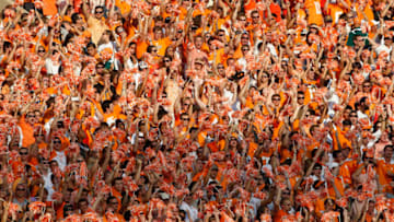 KNOXVILLE, TN - SEPTEMBER 15: Fans cheers for the Tennessee Volunteers during their game against the Florida Gators at Neyland Stadium on September 15, 2012 in Knoxville, Tennessee. (Photo by John Sommers II/Getty Images)