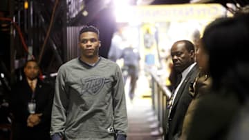May 26, 2016; Oakland, CA, USA; Oklahoma City Thunder guard Russell Westbrook (0) waits to take the floor prior to the game the game against the Golden State Warriors in game five of the Western conference finals of the NBA Playoffs at Oracle Arena. Mandatory Credit: Cary Edmondson-USA TODAY Sports