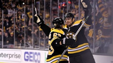 BOSTON, MA - APRIL 14: Rick Nash #61 of the Boston Bruins celebrates with Brad Marchand #63 after scoring a goal against the Toronto Maple Leafs during the first period of Game Two of the Eastern Conference First Round during the 2018 NHL Stanley Cup Playoffs at TD Garden on April 14, 2018 in Boston, Massachusetts. (Photo by Maddie Meyer/Getty Images)