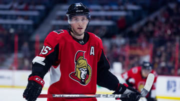 OTTAWA, ON - MARCH 24: Ottawa Senators Center Matt Duchene (95) waits for a face-off during second period National Hockey League action between the Carolina Hurricanes and Ottawa Senators on March 24, 2018, at Canadian Tire Centre in Ottawa, ON, Canada. (Photo by Richard A. Whittaker/Icon Sportswire via Getty Images)