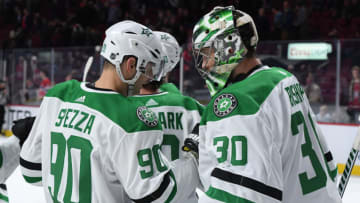 MONTREAL, QC - OCTOBER 30: Jason Spezza #90 of the Dallas Stars, on his 1000th NHL game, celebrates with Ben Bishop #30 after defeating the Montreal Canadiens at the Bell Centre on October 30, 2018 in Montreal, Quebec, Canada. (Photo by Francois Lacasse/NHLI via Getty Images)