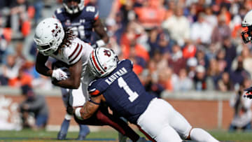 Auburn footballNov 13, 2021; Auburn, Alabama, USA; Mississippi State Bulldogs wide receiver Jaden Walley (11) is tackled by Auburn Tigers safety Donovan Kaufman (1) during the first quarter at Jordan-Hare Stadium. Mandatory Credit: John Reed-USA TODAY Sports