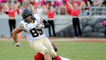 Oct 1, 2016; Raleigh, NC, USA; Wake Forest Deamon Deacons tight end Cam Serigne (85) runs after a catch during the second half against the North Carolina State Wolfpack at Carter Finley Stadium. The Wolfpack won 33-16. Mandatory Credit: Rob Kinnan-USA TODAY Sports