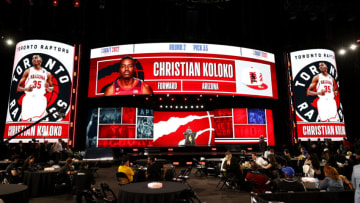 NEW YORK, NEW YORK - JUNE 23: A general view as Deputy commissioner Mark Tatum announces Christian Koloko as the 33rd pick by the Toronto Raptors during the 2022 NBA Draft at Barclays Center on June 23, 2022 in New York City. NOTE TO USER: User expressly acknowledges and agrees that, by downloading and or using this photograph, User is consenting to the terms and conditions of the Getty Images License Agreement. (Photo by Sarah Stier/Getty Images)