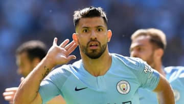 LONDON, ENGLAND - AUGUST 05: Sergio Aguero of Manchester City celebrates scoring his side's first goal during the FA Community Shield between Manchester City and Chelsea at Wembley Stadium on August 5, 2018 in London, England. (Photo by Michael Regan/Getty Images)