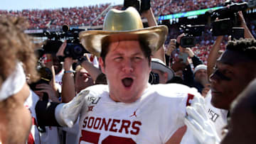 Oct 12, 2019; Dallas, TX, USA; Oklahoma Sooners offensive lineman Creed Humphrey (56) wears the Golden Hat after the game against the Texas Longhorns at the Cotton Bowl. Mandatory Credit: Kevin Jairaj-USA TODAY Sports