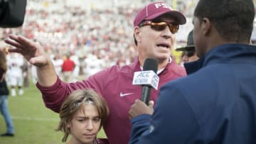 TALLAHASSEE, FL - NOVEMEBER 14: Head coach of the Florida State Seminoles Jimbo Fisher talks to a tv crew after the game against the North Carolina State Wolfpack at Doak Campbell Stadium on November 14, 2015 in Tallahassee, Florida. The Florida State Seminoles beat the North Carolina Wolfpack 34-17. (Photo by Jeff Gammons/Getty Images)