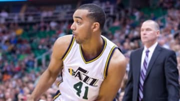 Oct 22, 2015; Salt Lake City, UT, USA; Utah Jazz forward Trey Lyles (41) holds the ball as Denver Nuggets head coach Michael Malone looks on during the second half at EnergySolutions Arena. The Jazz won 98-78. Mandatory Credit: Russ Isabella-USA TODAY Sports