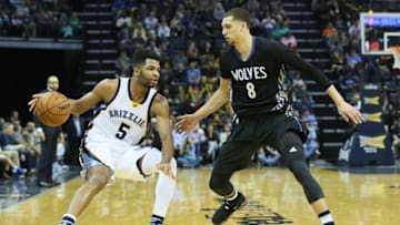Nov 19, 2016; Memphis, TN, USA; Memphis Grizzlies guard Andrew Harrison (5) dribbles the ball as Minnesota Timberwolves guard Zach LaVine (8) defends at FedExForum. Memphis defeated Minnesota 93-71. Mandatory Credit: Nelson Chenault-USA TODAY Sports