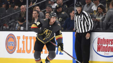 LAS VEGAS, NEVADA - SEPTEMBER 25: Nicolas Hague #14 of the Vegas Golden Knights skates during the third period against the Colorado Avalanche at T-Mobile Arena on September 25, 2019 in Las Vegas, Nevada. (Photo by David Becker/NHLI via Getty Images)