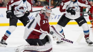 Nov 19, 2016; Saint Paul, MN, USA; Colorado Avalanche goalie Calvin Pickard (31) makes a save in the second period against the Minnesota Wild at Xcel Energy Center. Mandatory Credit: Brad Rempel-USA TODAY Sports