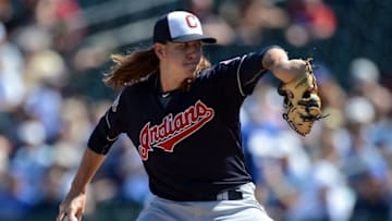 Mar 13, 2016; Surprise, AZ, USA; Cleveland Indians starting pitcher Mike Clevinger (73) pitches during the first inning against the Kansas City Royals at Surprise Stadium. Mandatory Credit: Joe Camporeale-USA TODAY Sports