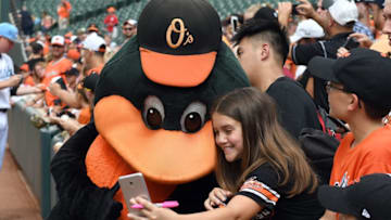 BALTIMORE, MD - JUNE 17: The Baltimore Orioles mascot takes a selfie with a fan before the game against the St. Louis Cardinals at Oriole Park at Camden Yards on June 17, 2017 in Baltimore, Maryland. (Photo by Greg Fiume/Getty Images)