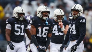 STATE COLLEGE, PA - OCTOBER 01: Ji'Ayir Brown #16 of the Penn State Nittany Lions celebrates with teammates after intercepting a pass against the Northwestern Wildcats during the first half at Beaver Stadium on October 1, 2022 in State College, Pennsylvania. (Photo by Scott Taetsch/Getty Images)
