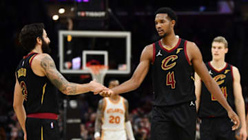 Oct 23, 2021; Cleveland, Ohio, USA; Cleveland Cavaliers guard Ricky Rubio (3) and center Evan Mobley (4) celebrate after the Cavaliers be a the Atlanta Hawks at Rocket Mortgage FieldHouse. Mandatory Credit: Ken Blaze-USA TODAY Sports