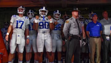 MIAMI, FL - NOVEMBER 03: Duke Blue Devils wait to get introduced before the game against the Miami Hurricanes at Hard Rock Stadium on November 3, 2018 in Miami, Florida. (Photo by Mark Brown/Getty Images)