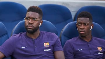 SAN SEBASTIAN, SPAIN - SEPTEMBER 15: Samuel Umtiti and Ousmane Dembele, of FC Barcelona looks before the La Liga match between Real Sociedad and FC Barcelona on September 15, 2018, at Anoeta Stadium in San Sebastian, Spain. (Photo by Carlos Sanchez Martinez/Icon Sportswire via Getty Images)
