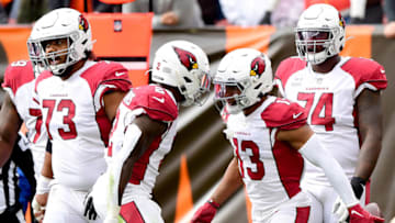 CLEVELAND, OHIO - OCTOBER 17: Christian Kirk #13 of the Arizona Cardinals celebrates his touchdown with teammate Chase Edmonds #2 during the first quarter against the Cleveland Browns at FirstEnergy Stadium on October 17, 2021 in Cleveland, Ohio. (Photo by Emilee Chinn/Getty Images)