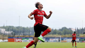 VELBERT, GERMANY - JULY 09: Iker Bravo of Leverkusen celebrates the first goal during the pre-season friendly match between Bayer 04 Leverkusen and MSV Duisburg at IMS Arena on July 09, 2022 in Velbert, Germany. (Photo by Christof Koepsel/Getty Images)