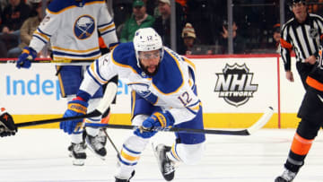 PHILADELPHIA, PENNSYLVANIA - MARCH 17: Jordan Greenway #12 of the Buffalo Sabres skates against the Philadelphia Flyers at the Wells Fargo Center on March 17, 2023 in Philadelphia, Pennsylvania. (Photo by Bruce Bennett/Getty Images)