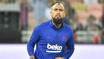 Barcelona's Chilean midfielder Arturo Vidal warms up ahead of the Spanish Super Cup semi final between Barcelona and Atletico Madrid on January 9, 2020, at the King Abdullah Sport City in the Saudi Arabian port city of Jeddah. - The winner will face Real Madrid in the final on January 12. (Photo by FAYEZ NURELDINE / AFP) (Photo by FAYEZ NURELDINE/AFP via Getty Images)