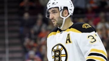 Jan 25, 2016; Philadelphia, PA, USA; Boston Bruins center Patrice Bergeron (37) against the Philadelphia Flyers during the second period at Wells Fargo Center. The Bruins defeated the Flyers, 3-2. Mandatory Credit: Eric Hartline-USA TODAY Sports