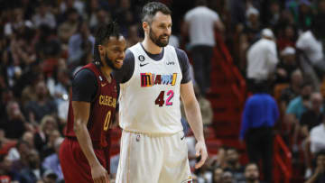 Cleveland Cavaliers guard Darius Garland (10) and Miami Heat forward Kevin Love (42) on the court during the second quarter( Sam Navarro-USA TODAY Sports)