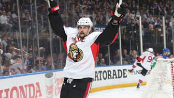 NEW YORK, NY - MAY 09: Erik Karlsson #65 of the Ottawa Senators reacts after scoring a goal in the second period against the New York Rangers in Game Six of the Eastern Conference Second Round during the 2017 NHL Stanley Cup Playoffs at Madison Square Garden on May 9, 2017 in New York City. (Photo by Jared Silber/NHLI via Getty Images)