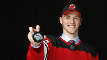 VANCOUVER, BRITISH COLUMBIA - JUNE 22: Daniil Misyul poses after being selected 70th overall by the New Jersey Devils during the 2019 NHL Draft at Rogers Arena on June 22, 2019 in Vancouver, Canada. (Photo by Kevin Light/Getty Images)