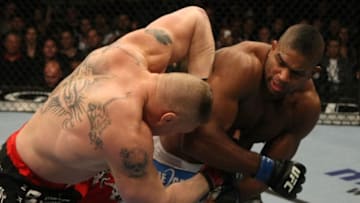 LAS VEGAS, NV - DECEMBER 30: Alistair Overeem (right) punches Brock Lesnar during the UFC 141 event at the MGM Grand Garden Arena on December 30, 2011 in Las Vegas, Nevada. (Photo by Donald Miralle/Zuffa LLC/Zuffa LLC via Getty Images)