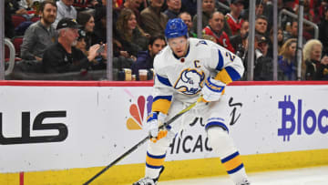 Jan 17, 2023; Chicago, Illinois, USA; Buffalo Sabres forward Kyle Okposo (21) skates against the Chicago Blackhawks at United Center. Mandatory Credit: Jamie Sabau-USA TODAY Sports