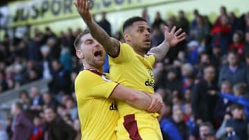 LONDON, ENGLAND - APRIL 29: Andre Gray of Burnley celebrates scoring his team's second goal with Sam Vokes during the Premier League match between Crystal Palace and Burnley at Selhurst Park on April 29, 2017 in London, England. (Photo by Steve Bardens/Getty Images)