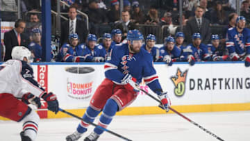 NEW YORK, NY - FEBRUARY 26: Rick Nash #61 of the New York Rangers skates with the puck against Jack Johnson #7 of the Columbus Blue Jackets at Madison Square Garden on February 26, 2017 in New York City. The Columbus Blue Jackets won 5-2. (Photo by Jared Silber/NHLI via Getty Images)