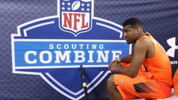 Feb 21, 2015; Indianapolis, IN, USA; Florida State Seminoles quarterback Jameis Winston takes a rest during the 2015 NFL Combine at Lucas Oil Stadium. Mandatory Credit: Brian Spurlock-USA TODAY Sports
