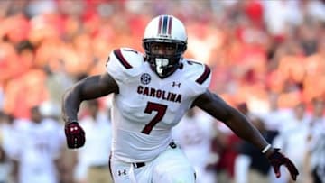 Sep 7, 2013; Athens, GA, USA; South Carolina Gamecocks defensive end Jadeveon Clowney (7) rushes the passer against the Georgia Bulldogs during the second half at Sanford Stadium. Georgia defeated South Carolina 41-30. Mandatory Credit: Dale Zanine-USA TODAY Sports
