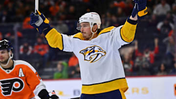 Feb 11, 2023; Philadelphia, Pennsylvania, USA; Nashville Predators center Matt Duchene (95) celebrates after scoring the game-winning goal against the Philadelphia Flyers in overtime at Wells Fargo Center. Mandatory Credit: Kyle Ross-USA TODAY Sports