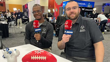 Special Olympics Florida athlete and sportscaster Malcom Harris-Gowdie is joined by FanSided’s Matt Verderame on Super Bowl’s Media Row. (left to right)