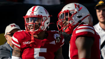 Nov 26, 2021; Lincoln, Nebraska, USA; Nebraska Cornhuskers cornerback Cam Taylor-Britt (5) reacts to a call during the third quarter against the Iowa Hawkeyes at Memorial Stadium. Mandatory Credit: Dylan Widger-USA TODAY Sports