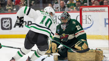Dec 29, 2022; Saint Paul, Minnesota, USA; Dallas Stars center Ty Dellandrea (10) is stopped by Minnesota Wild goaltender Marc-Andre Fleury (29) in the third period at Xcel Energy Center. Mandatory Credit: Matt Blewett-USA TODAY Sports